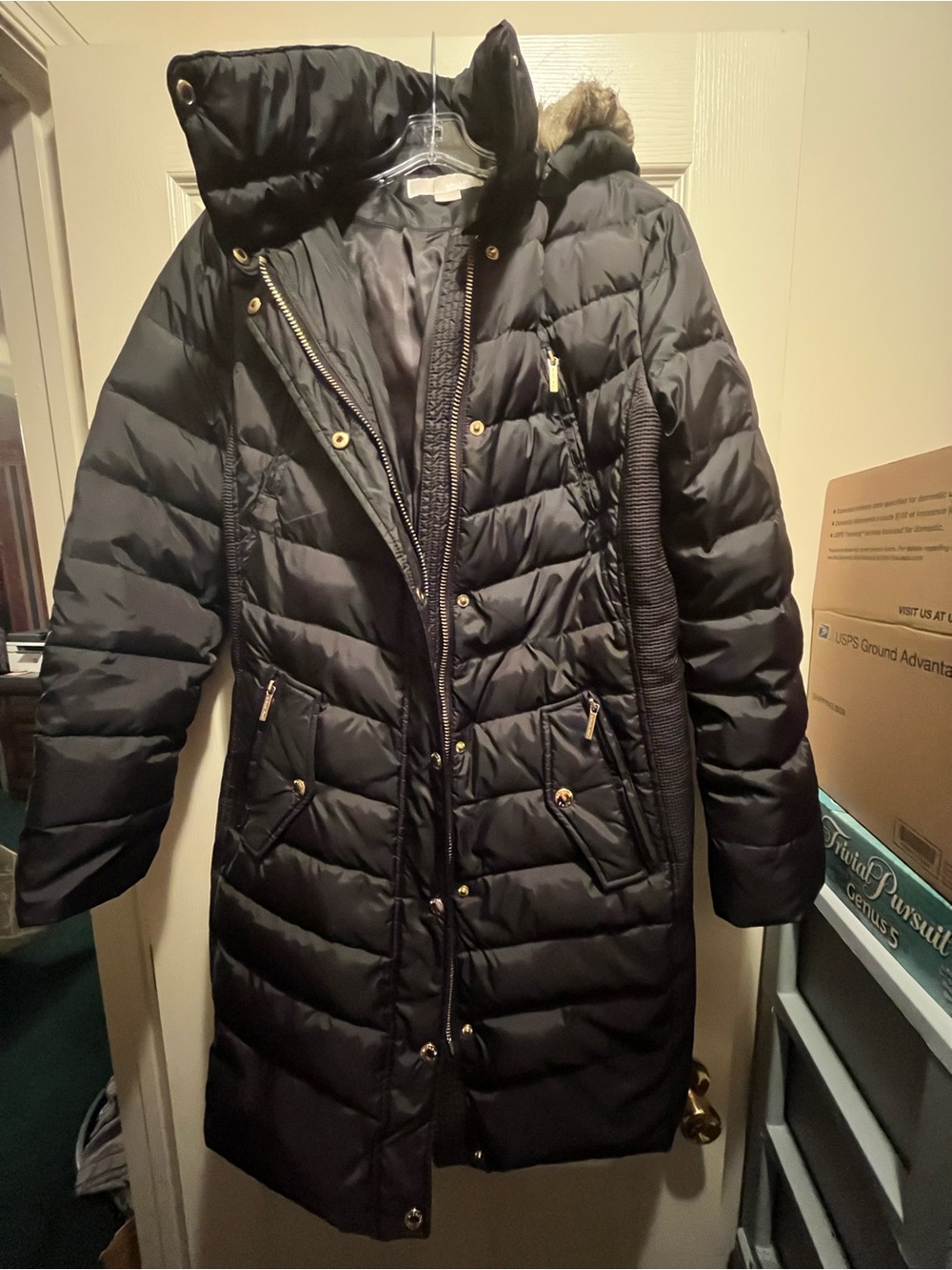 Michael Kors Women's Chevron Quilted Down Puffer Coat Gold Hardware Black